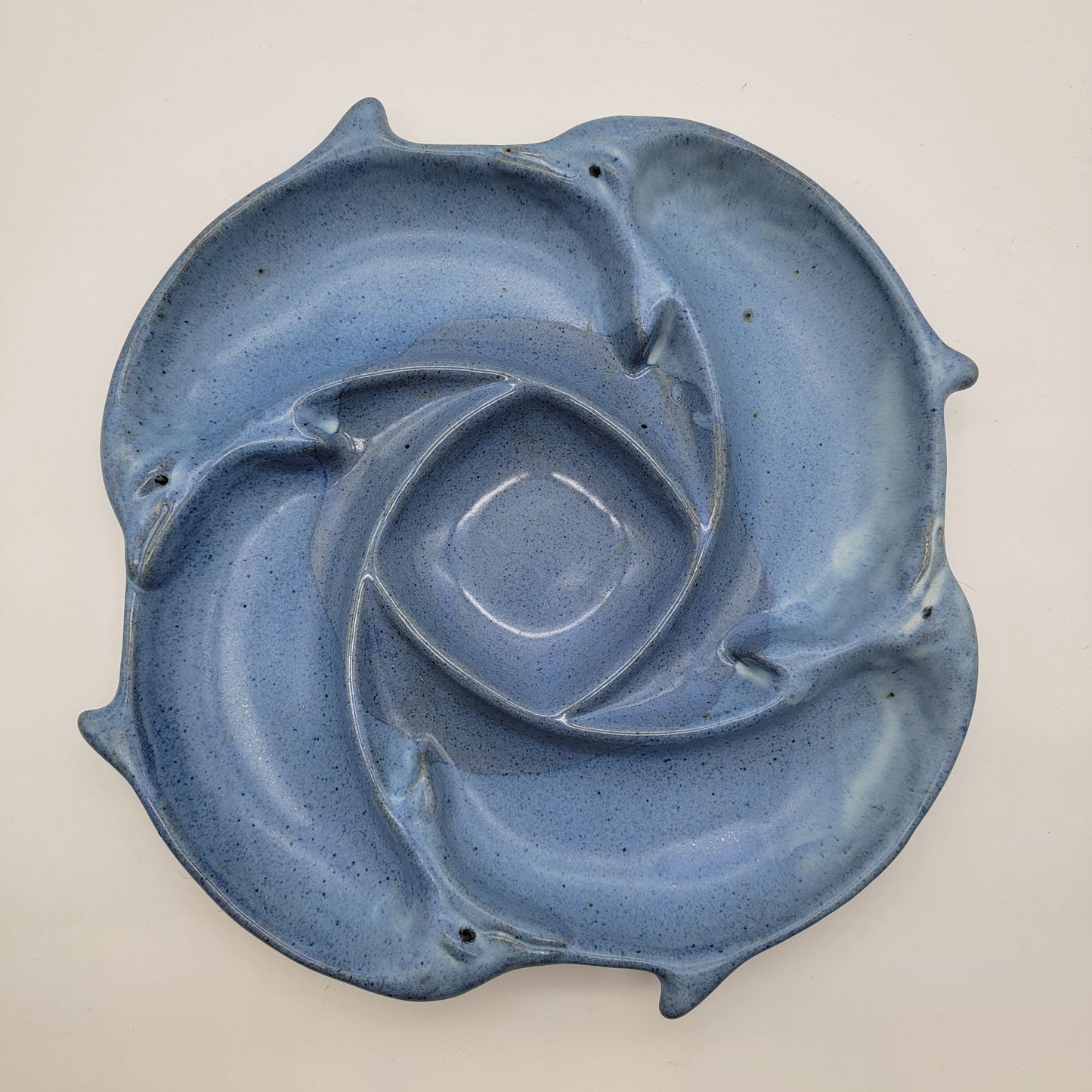 Vintage Tom Chamberlain Art Pottery Blue Dolphin Chip & Dip Server
