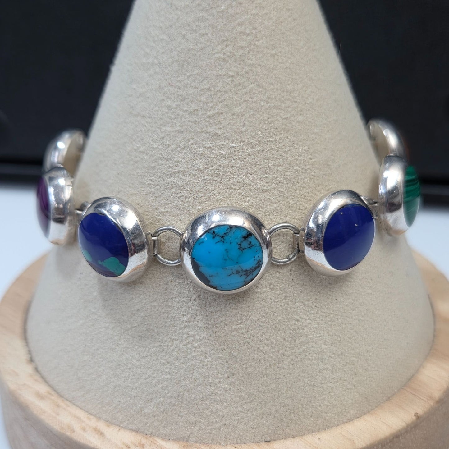 925 Silver Taxco Gemstones Round Links Bracelet