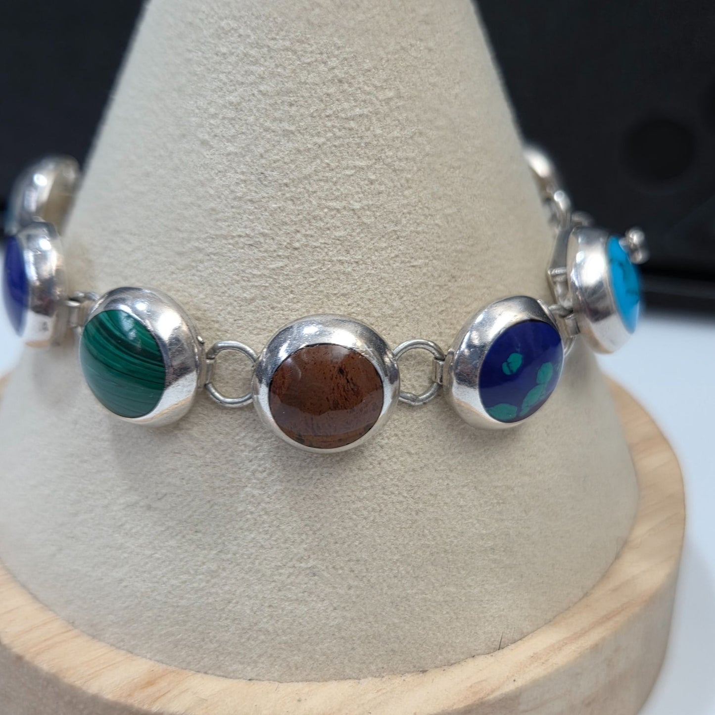 925 Silver Taxco Gemstones Round Links Bracelet