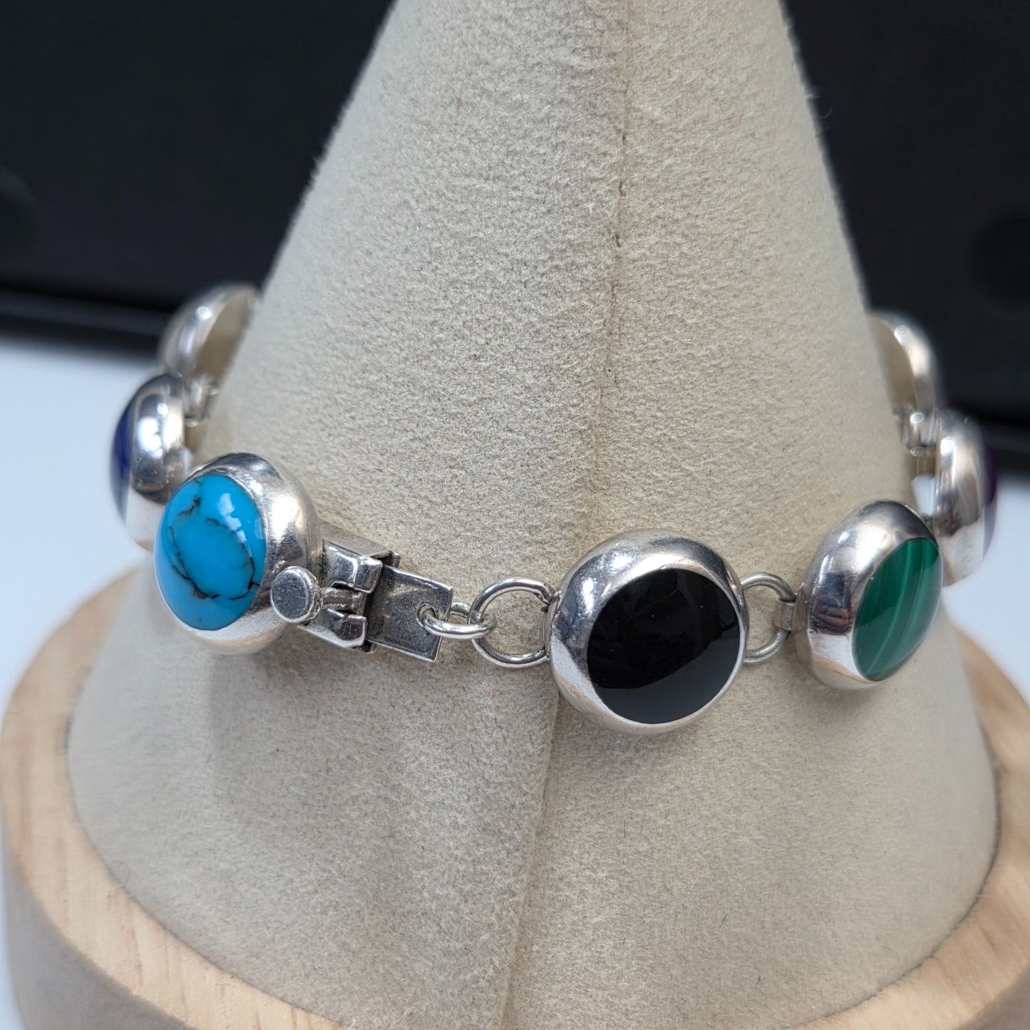 925 Silver Taxco Gemstones Round Links Bracelet