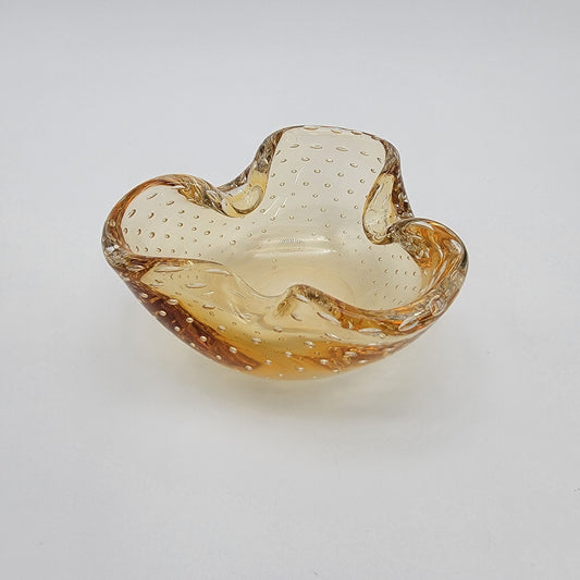 Small Murano Glass Amber Bullicante Tri-Fold Bowl Ashtray