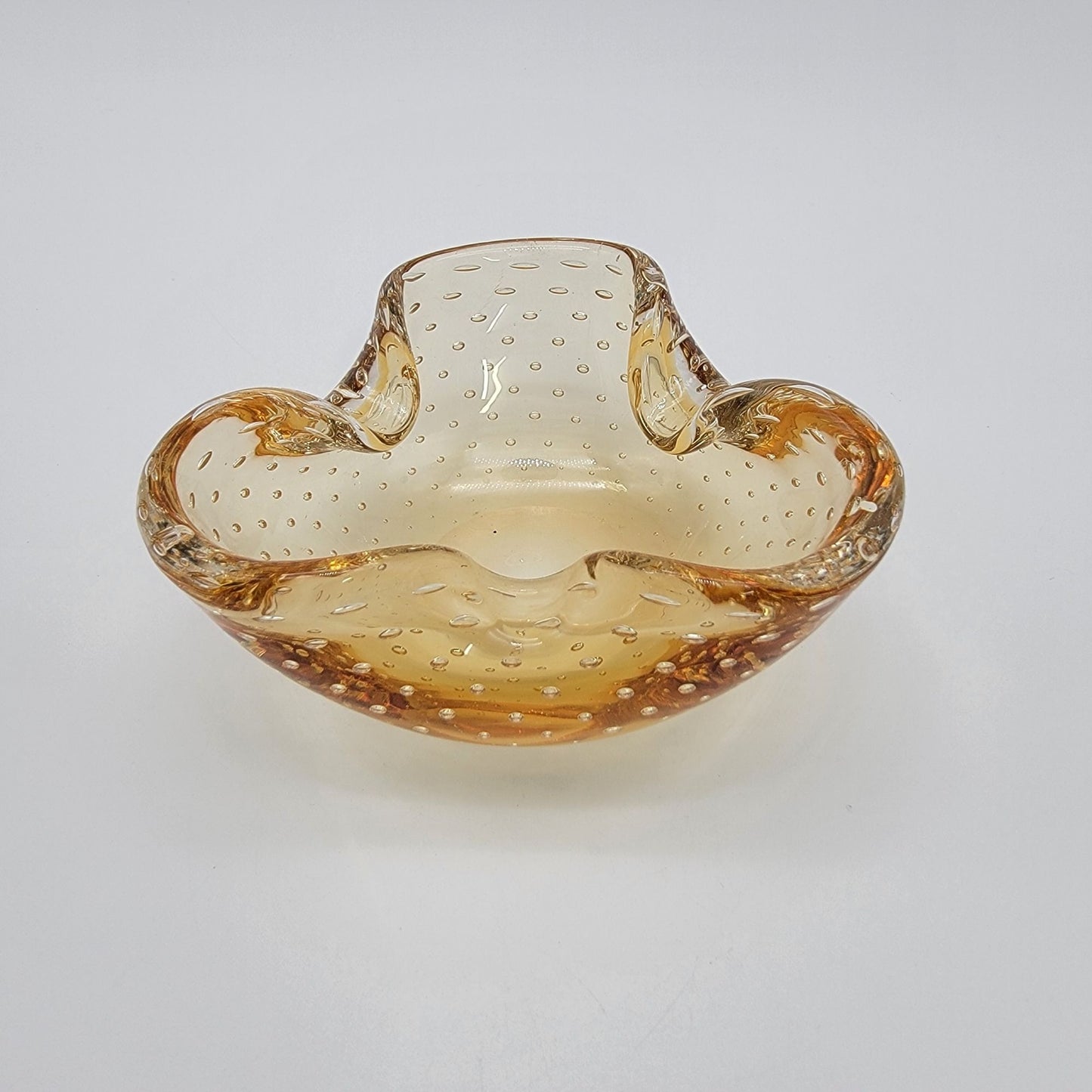 Small Murano Glass Amber Bullicante Tri-Fold Bowl Ashtray