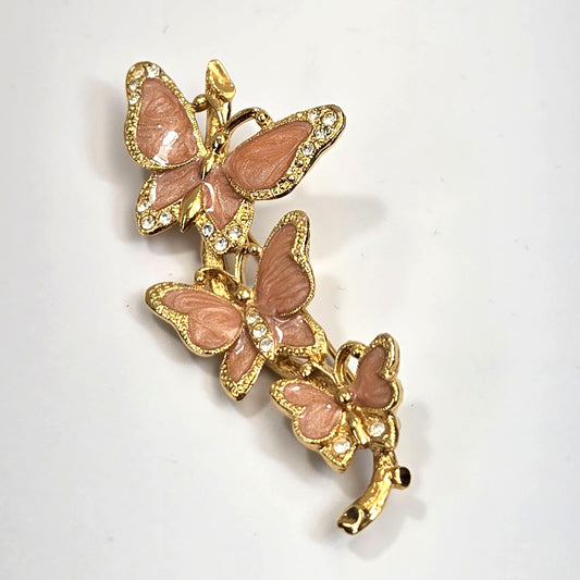 Vintage Butterflies Enameled Rhinestones Gold-Tone Brooch
