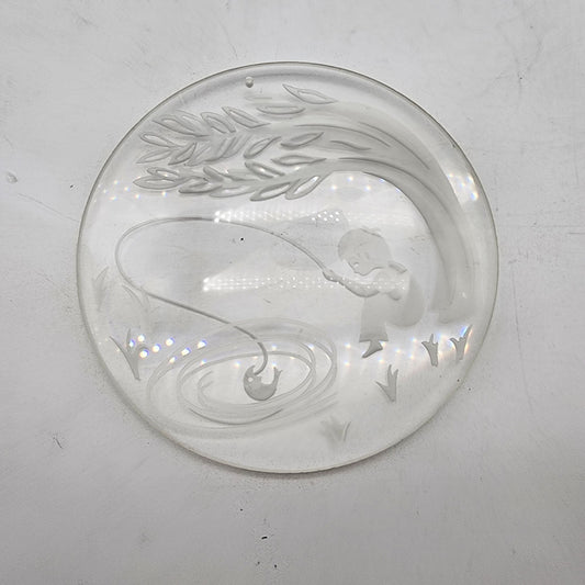 Vintage Glass Suncatcher Prism With Etched Child & Fishing Scene