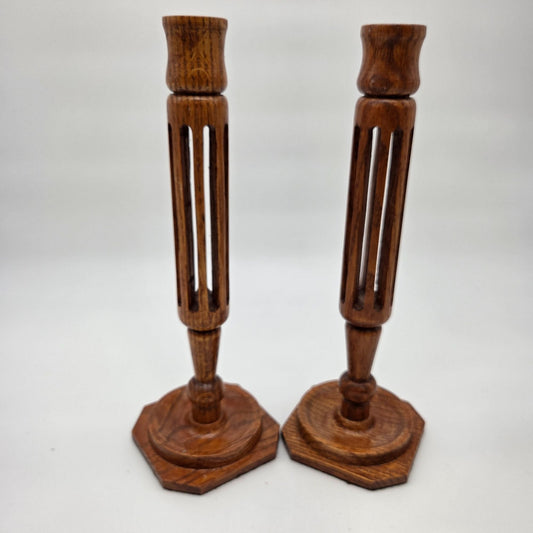 Vintage Hand-Carved Olive Wood Candlestick Holders Pair