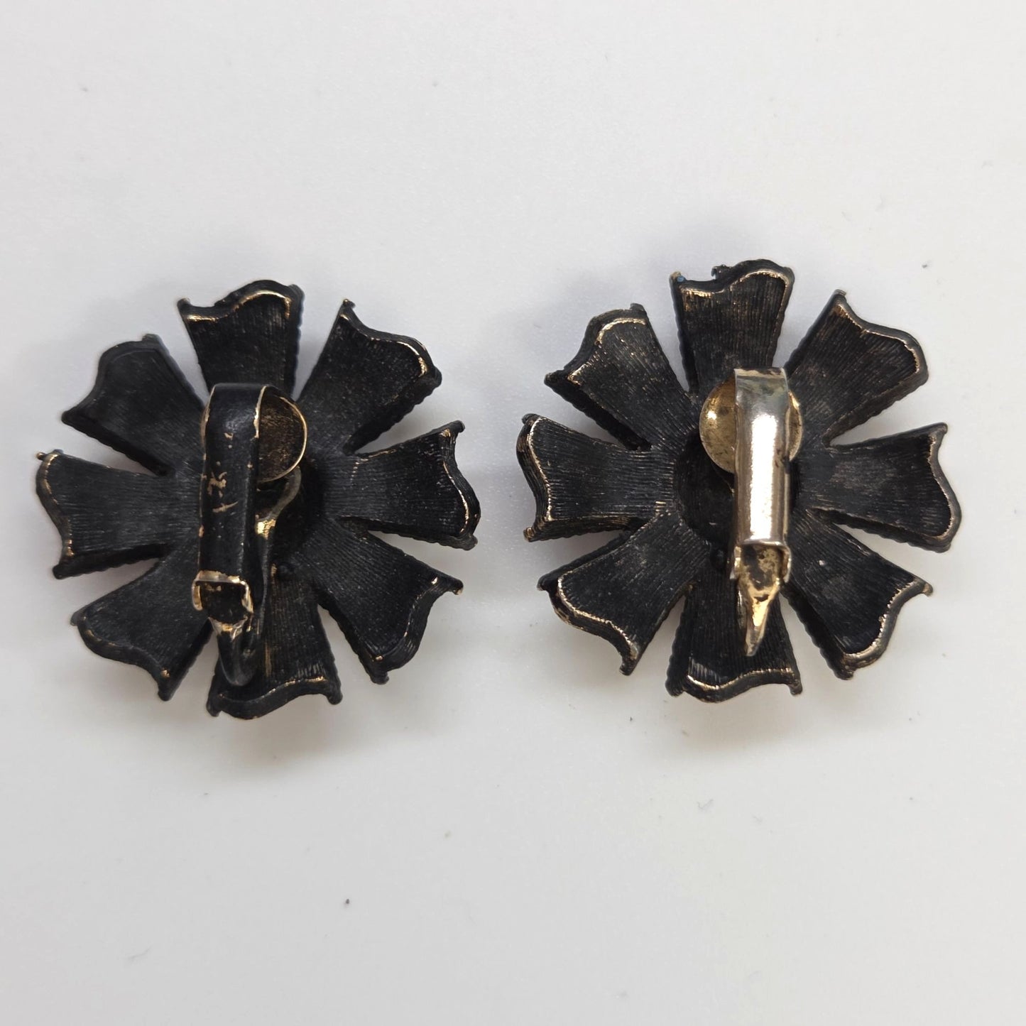Vintage Alan J Black Flower Enamel Clip On Earrings