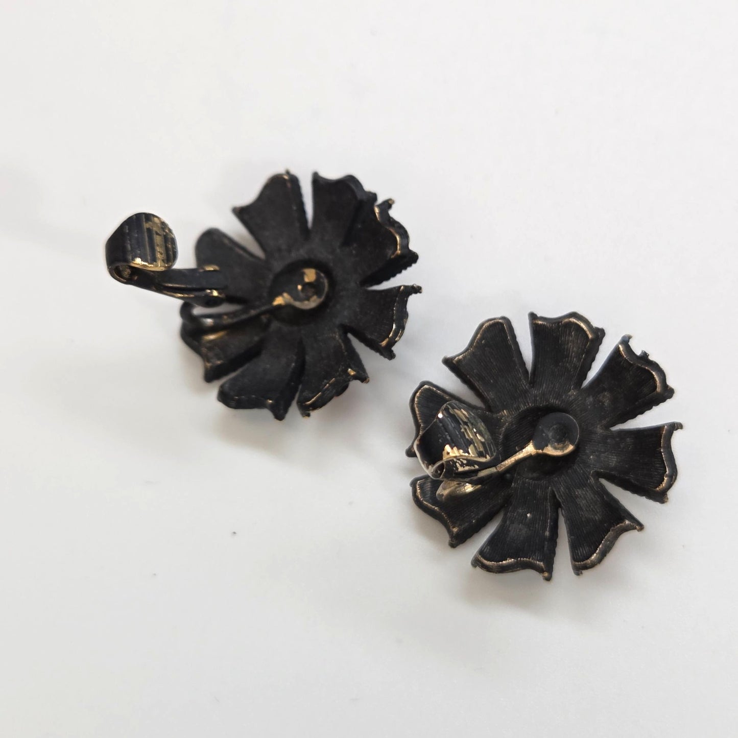 Vintage Alan J Black Flower Enamel Clip On Earrings