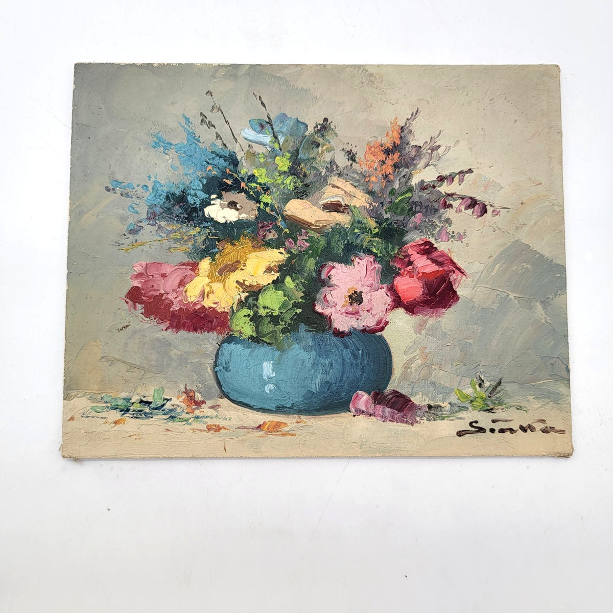 Mid-Century Signed Floral Still Life Impasto Oil Painting On Board