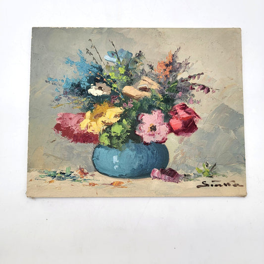Mid-Century Signed Floral Still Life Impasto Oil Painting On Board