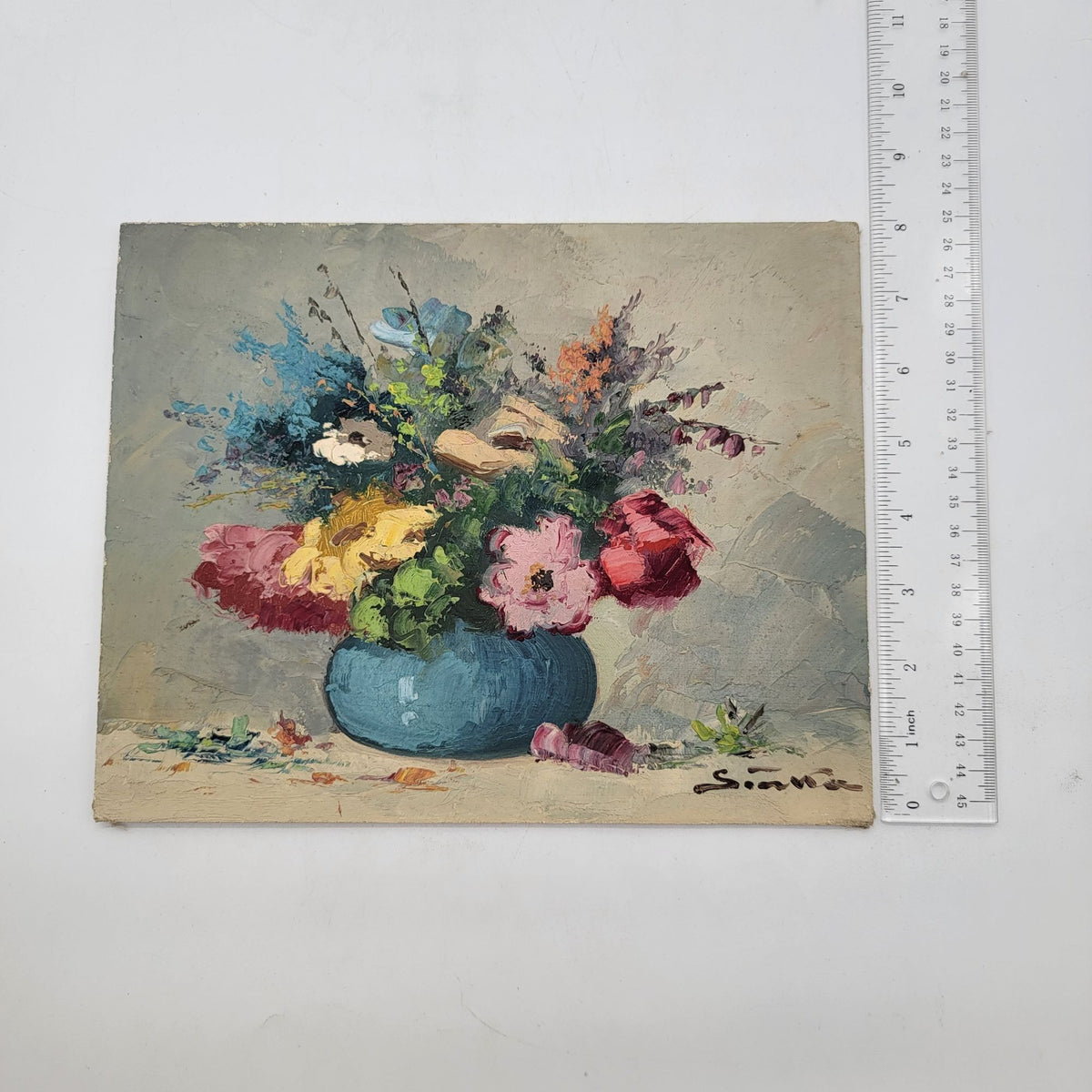 Mid-Century Signed Floral Still Life Impasto Oil Painting On Board