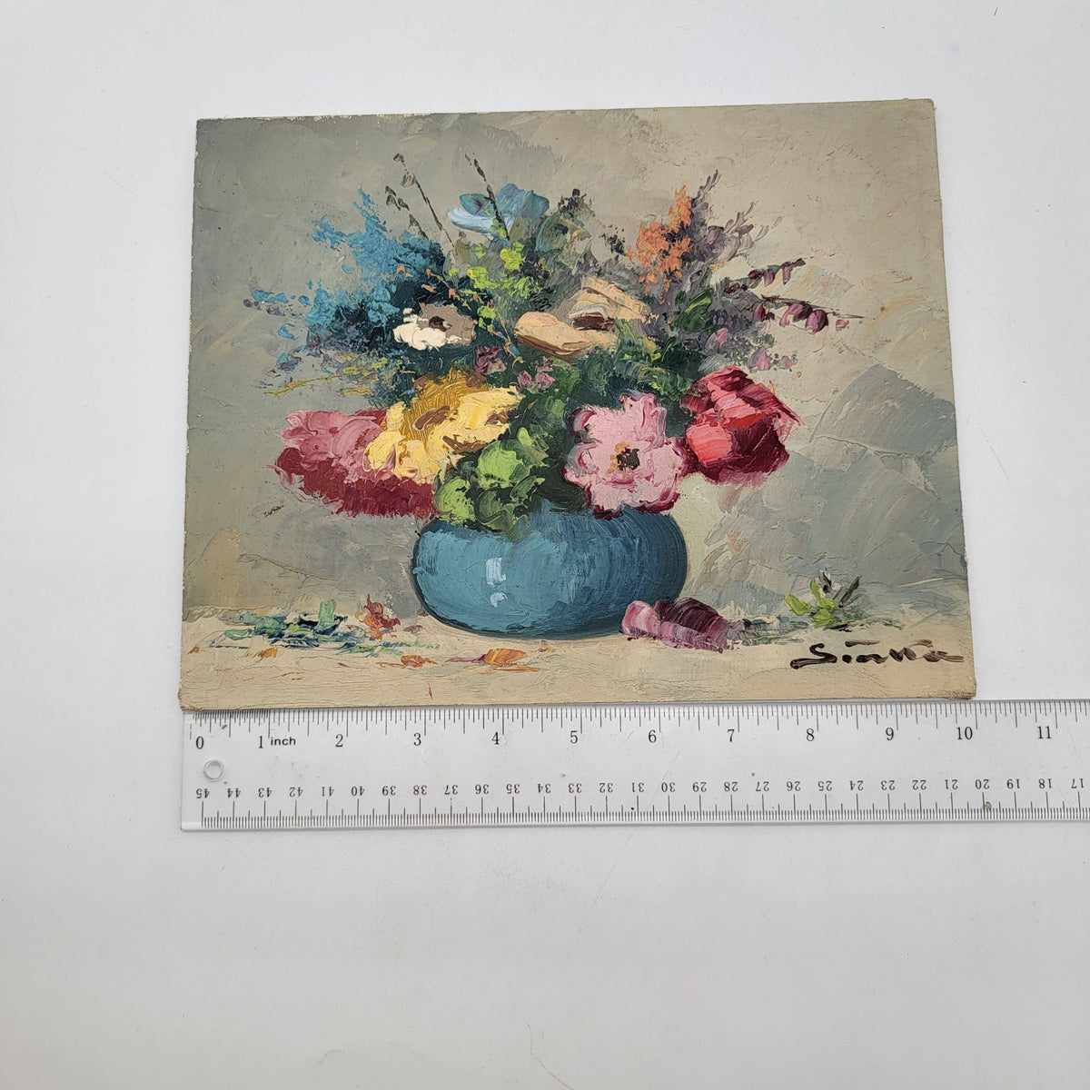 Mid-Century Signed Floral Still Life Impasto Oil Painting On Board