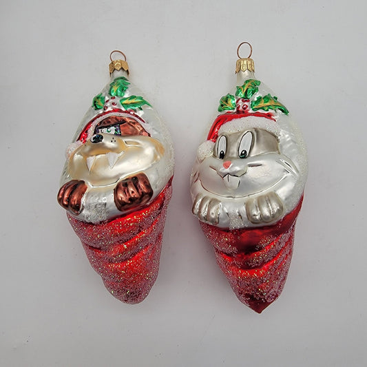 1996 Christopher Radko Looney Tunes Taz & Bugs Bunny Glass Ornaments