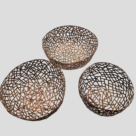 Set Of 3 Mid Century Brutalist Copper and Brass Birds Nest Bowl After Paul Evans