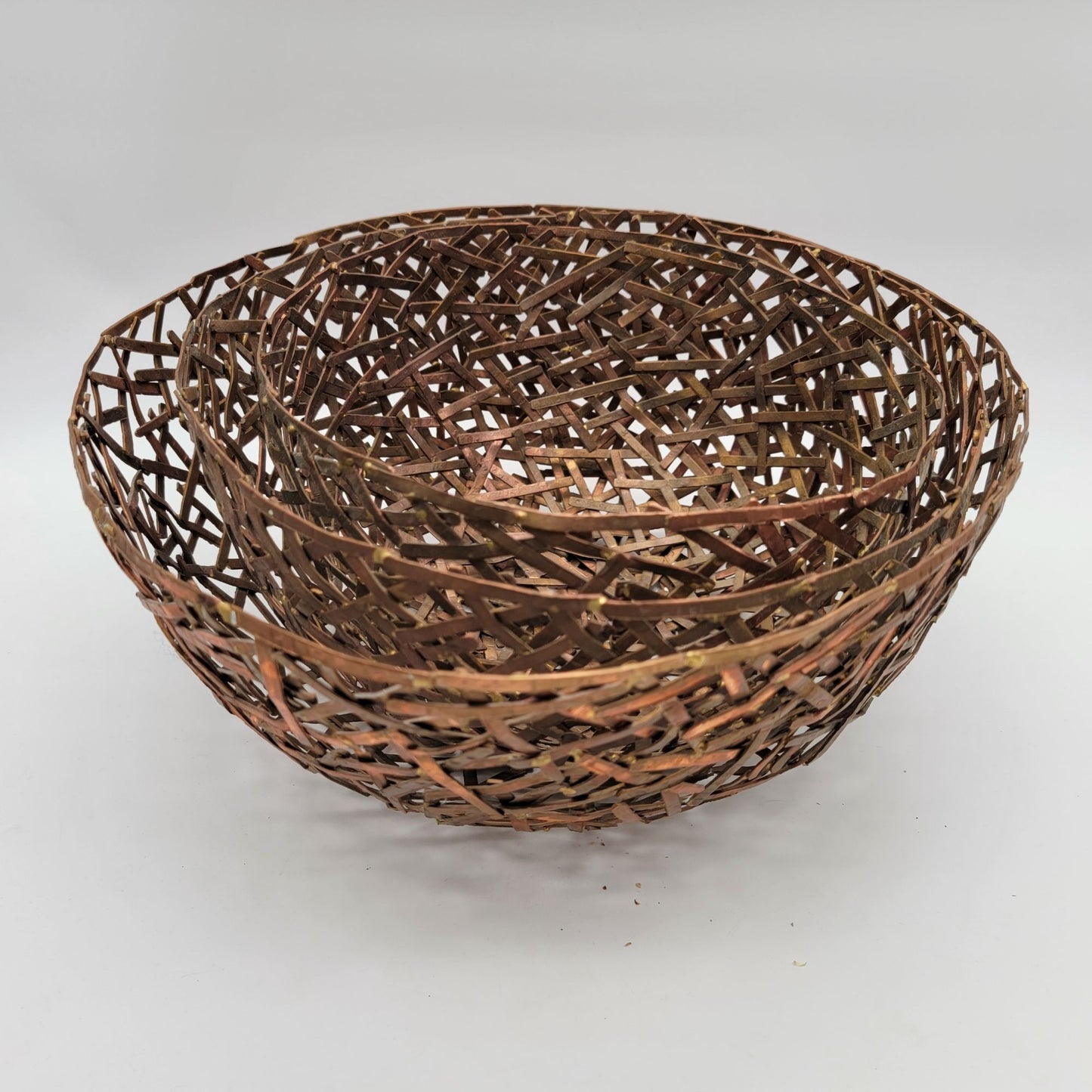 Set Of 3 Mid Century Brutalist Copper and Brass Birds Nest Bowl After Paul Evans