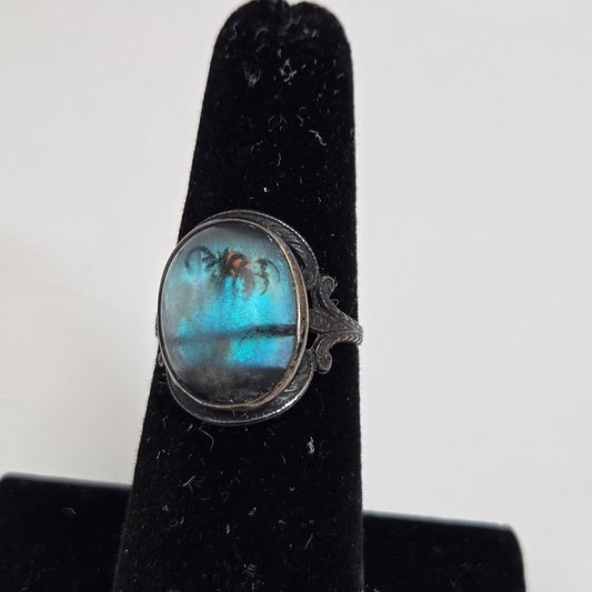 Vintage Art Deco Hoffman Blue Morpho Butterfly Wing Sterling Ring Size 6