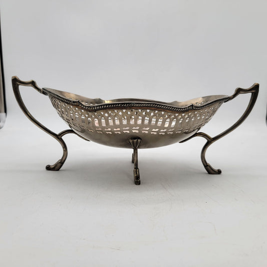 Antique Silver-Plated Reticulated Cake Basket With Scalloped Edges & Ornate Handles