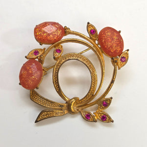 Vintage Lucite Glitter & Rhinestone Floral Brooch