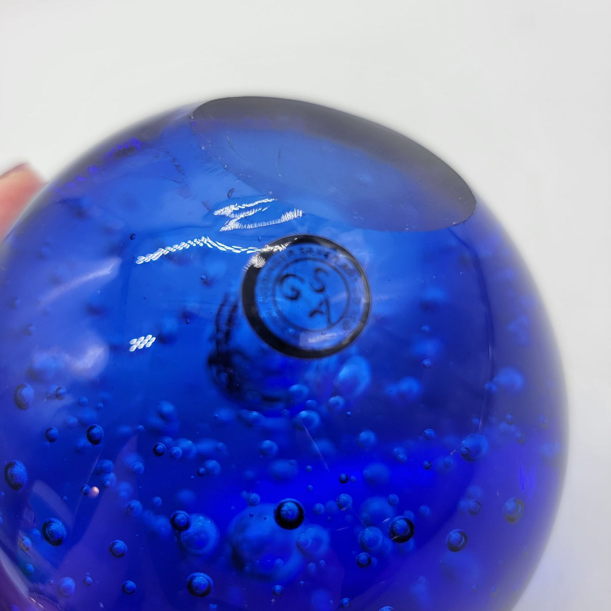 Large Godinger Cobalt Blue Controlled Bubble Art Glass Paperweight