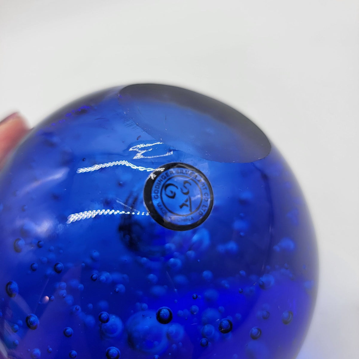 Large Godinger Cobalt Blue Controlled Bubble Art Glass Paperweight