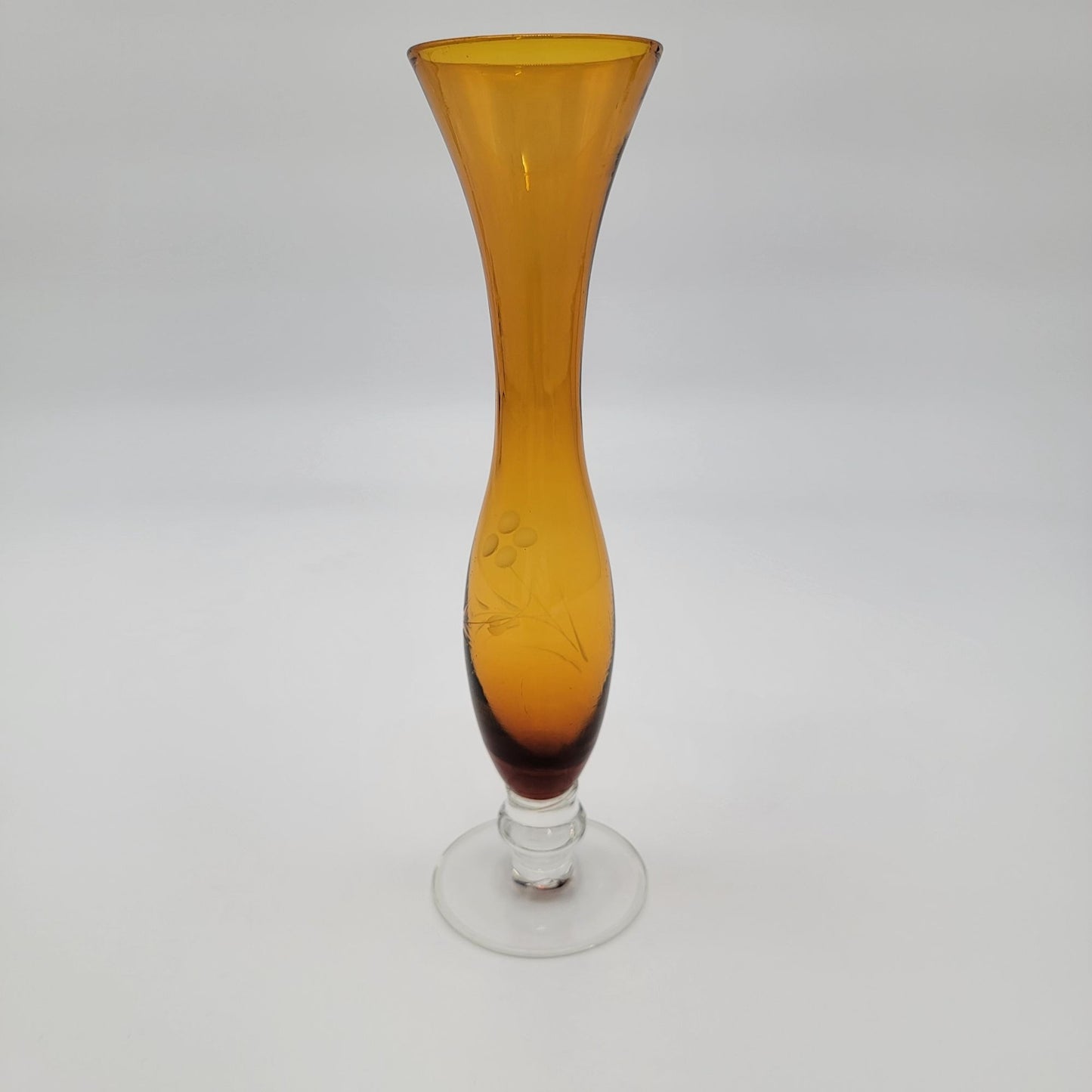 Vintage 1960s Bohemian Etched Amber Glass Bud Vase