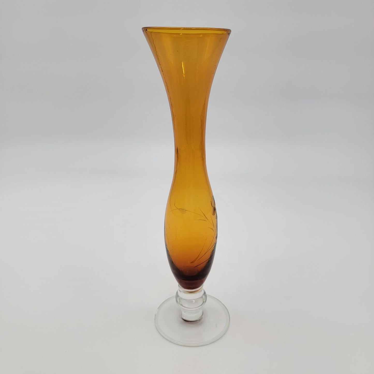 Vintage 1960s Bohemian Etched Amber Glass Bud Vase