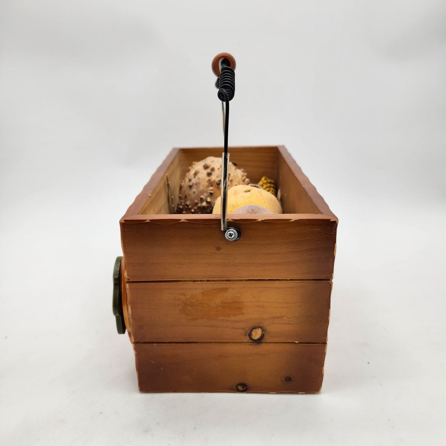 Rustic Wooden Pumpkin Basket With Sugared Gourds & Wire Handle