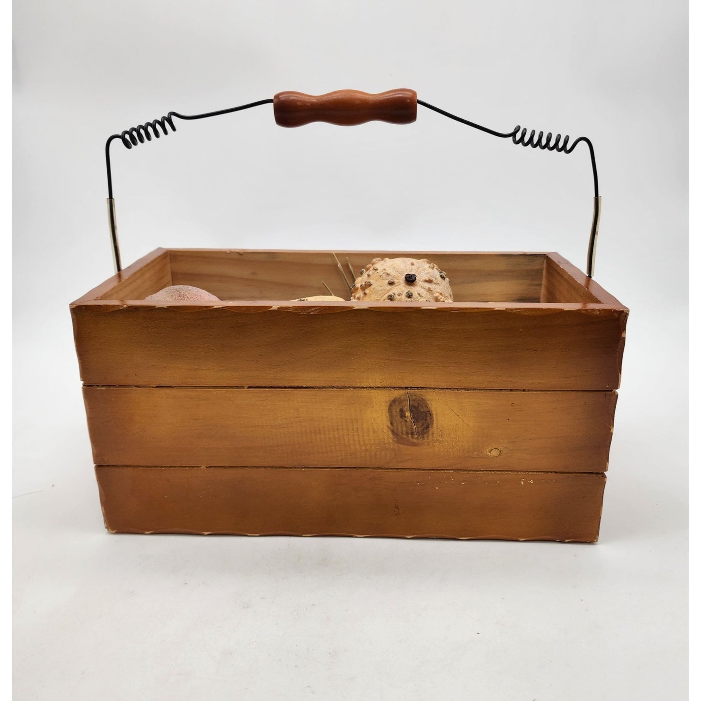 Rustic Wooden Pumpkin Basket With Sugared Gourds & Wire Handle