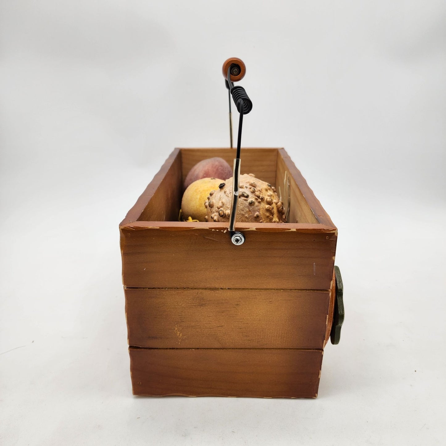 Rustic Wooden Pumpkin Basket With Sugared Gourds & Wire Handle