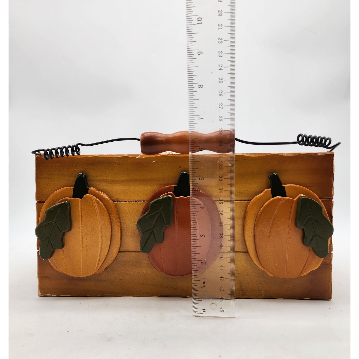 Rustic Wooden Pumpkin Basket With Sugared Gourds & Wire Handle