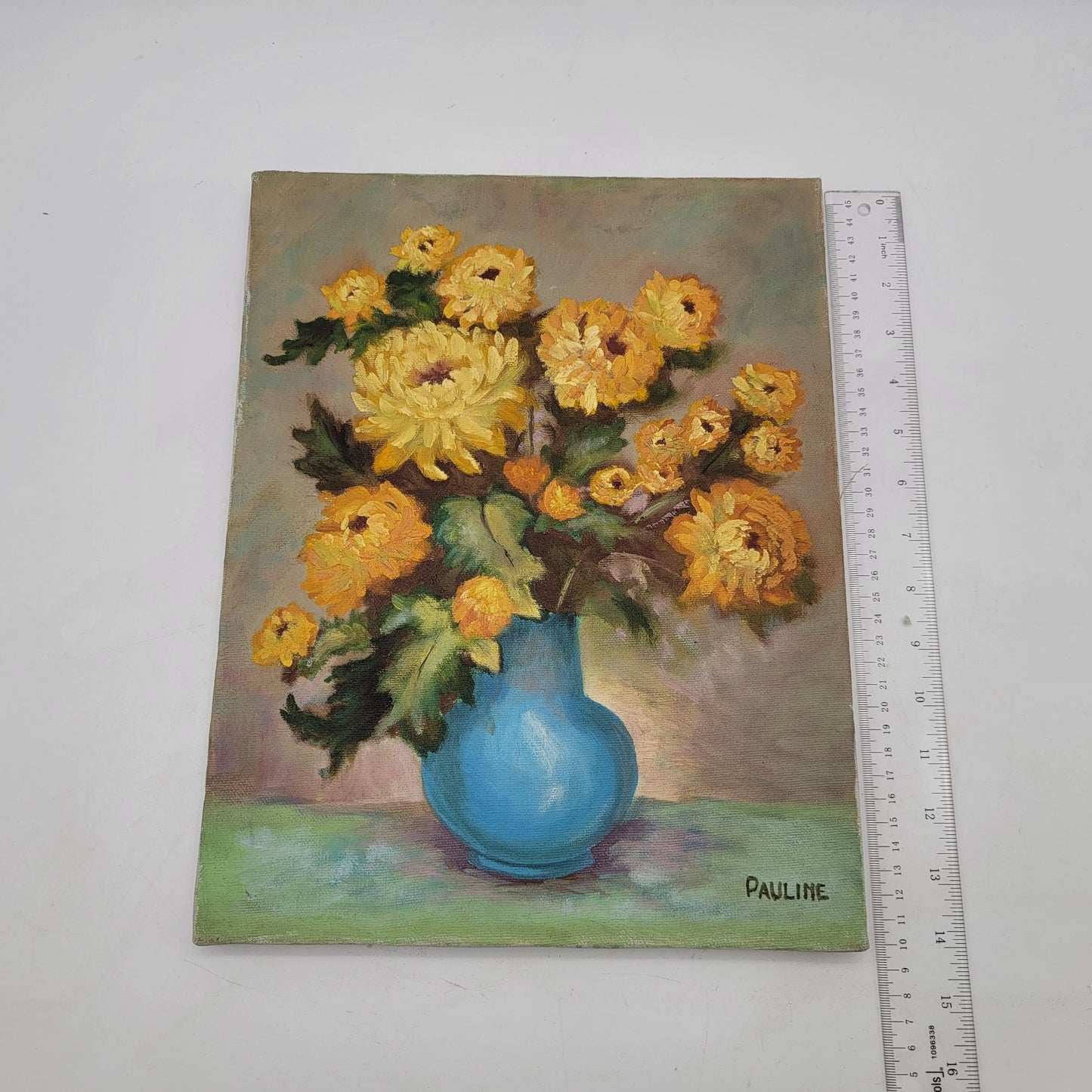 Vintage Oil Painting Of Yellow Flowers In Blue Vase