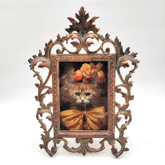 Fancy Orange Tabby Cat Art Print in Baroque Revival Cast Metal Filigree Frame