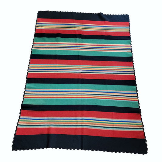 Vintage Handcrafted Mexican Woven Serape Blanket Multicolor Striped Design With Black Crochet Trim