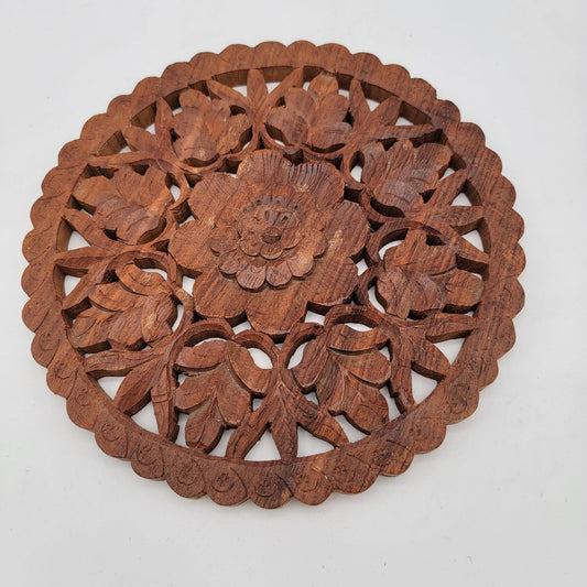 Handcrafted Vintage Wooden Trivet With Floral Carving