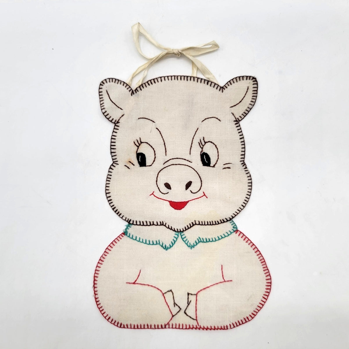 1930s Hand-Embroidered Pig Baby Bib