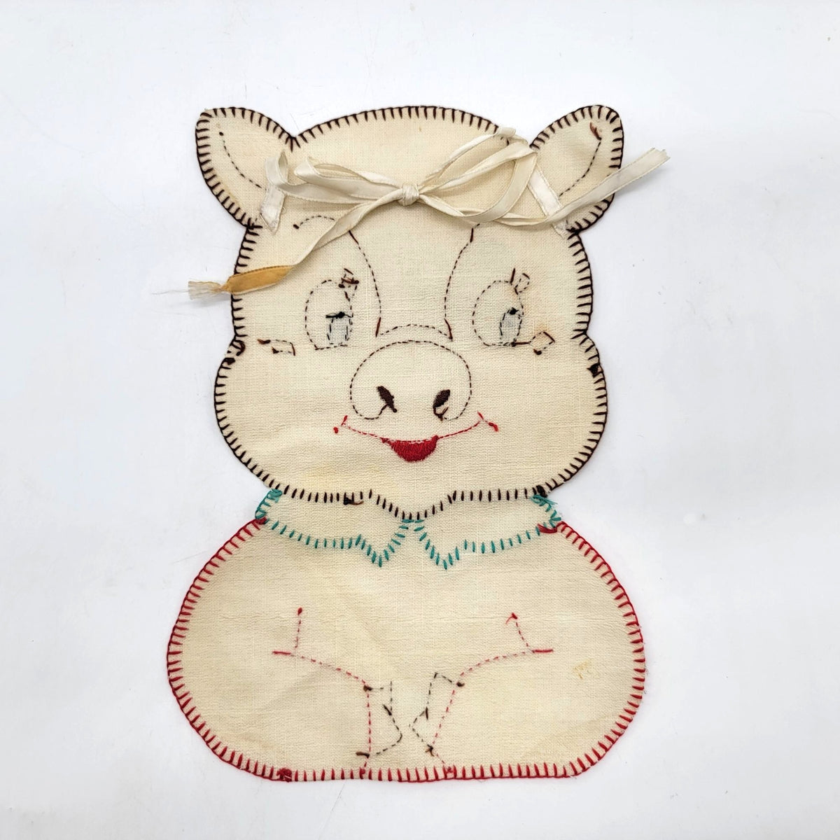 1930s Hand-Embroidered Pig Baby Bib