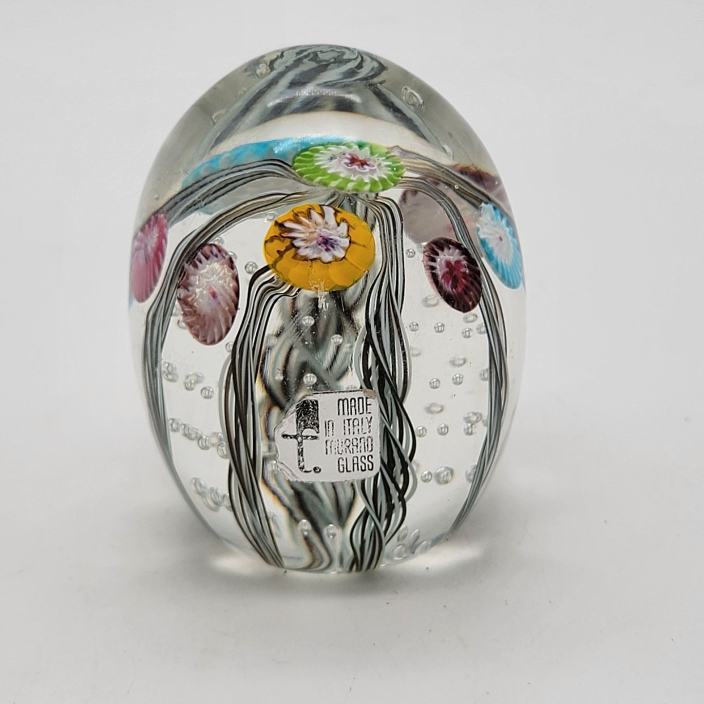 Vintage Fratelli Toso Murano Millefiori Latticino Glass Egg Paperweight With Original Sticker