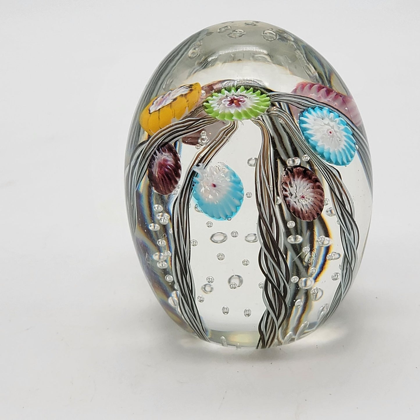 Vintage Fratelli Toso Murano Millefiori Latticino Glass Egg Paperweight With Original Sticker