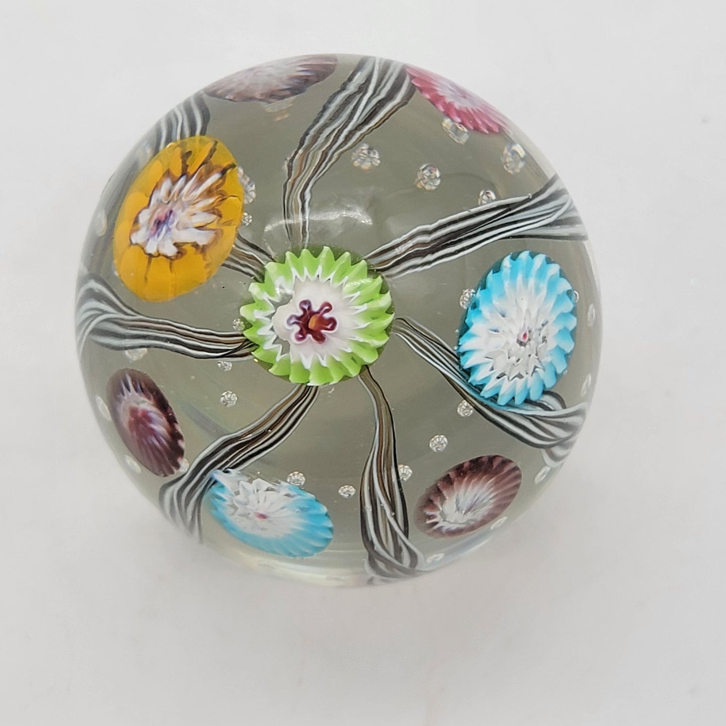 Vintage Fratelli Toso Murano Millefiori Latticino Glass Egg Paperweight With Original Sticker
