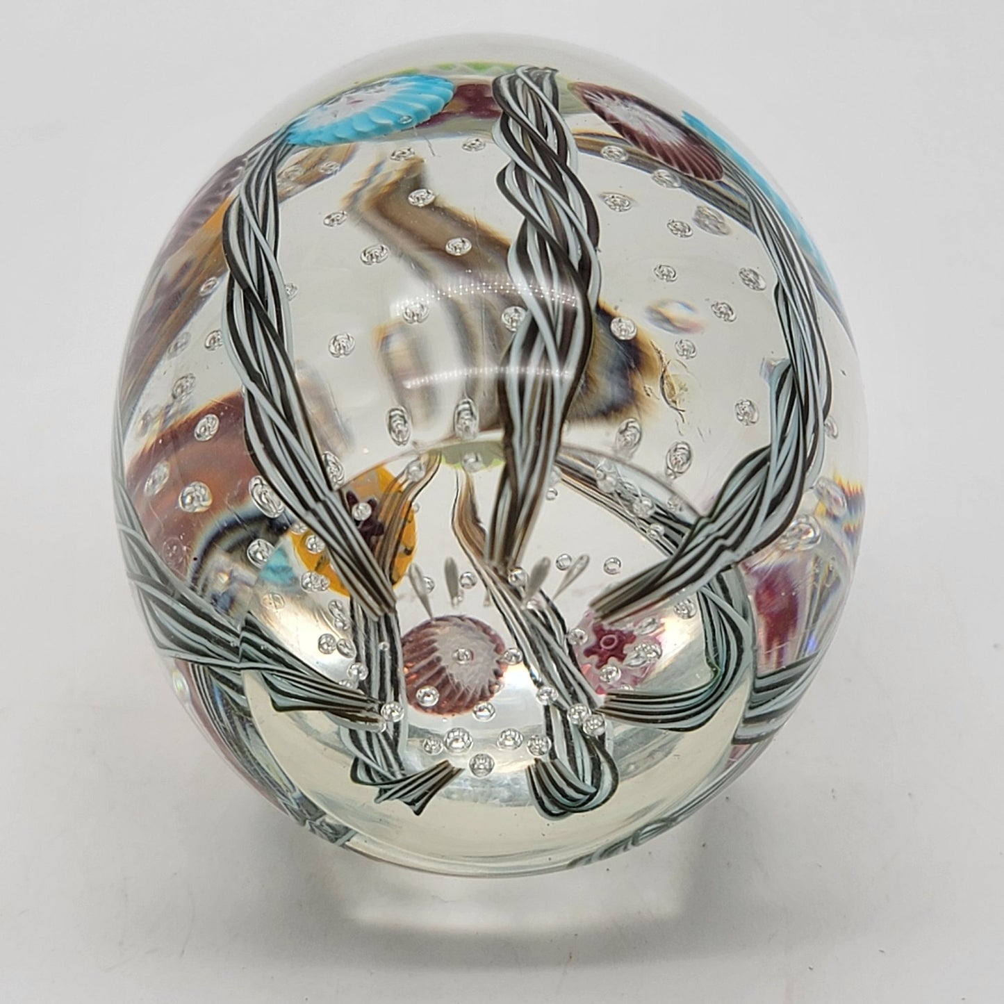 Vintage Fratelli Toso Murano Millefiori Latticino Glass Egg Paperweight With Original Sticker