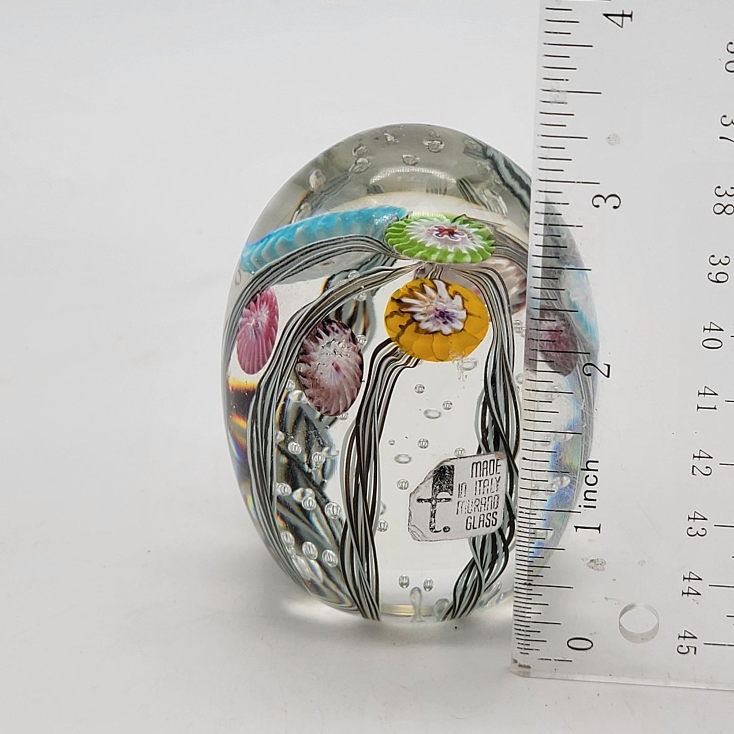 Vintage Fratelli Toso Murano Millefiori Latticino Glass Egg Paperweight With Original Sticker