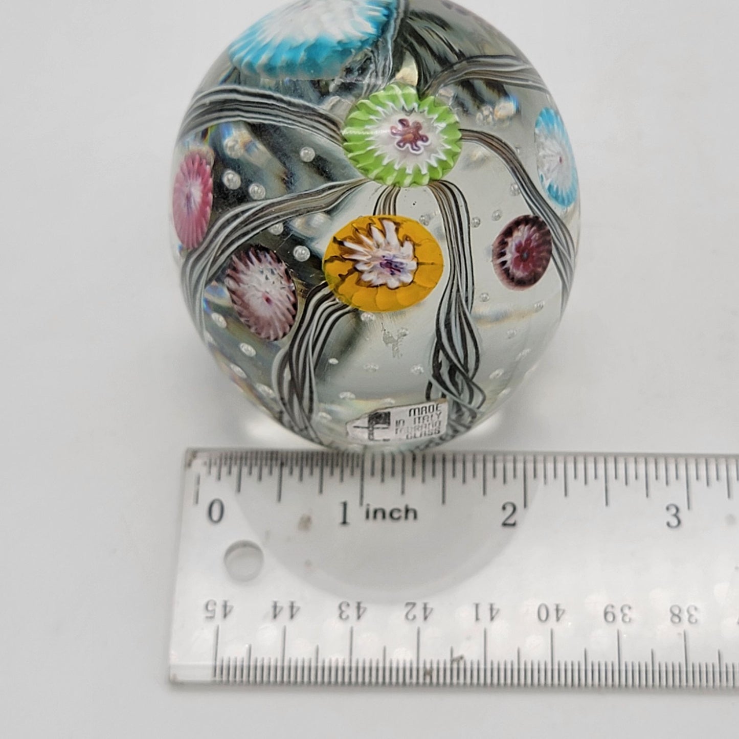 Vintage Fratelli Toso Murano Millefiori Latticino Glass Egg Paperweight With Original Sticker