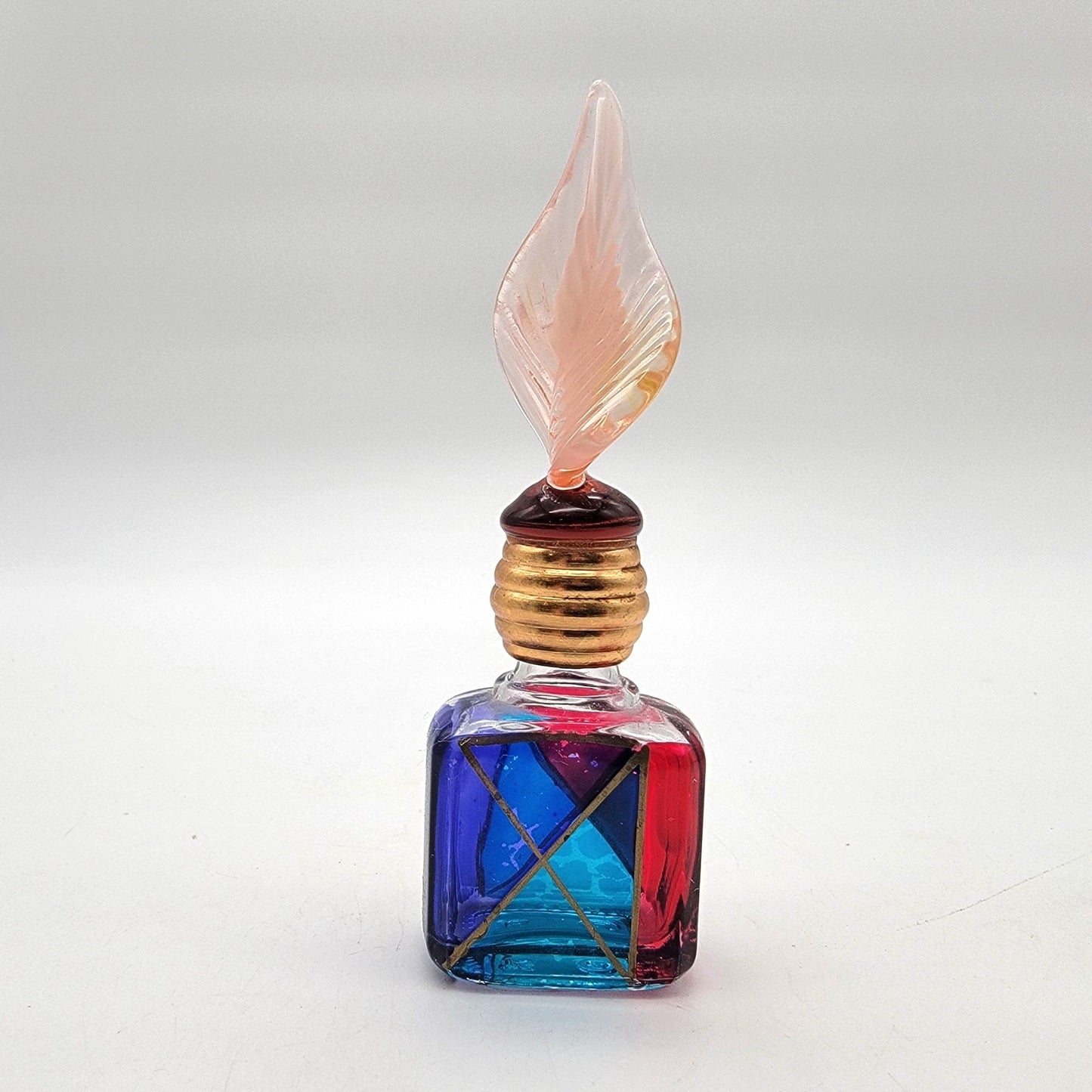 Vintage Murano Hand-Painted Glass Perfume Bottle With Leaf Stopper