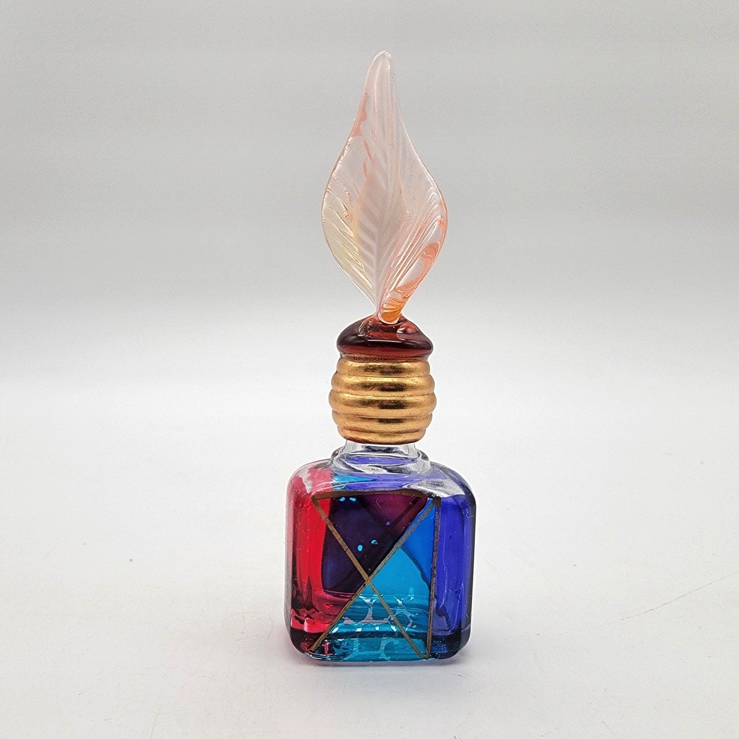 Vintage Murano Hand-Painted Glass Perfume Bottle With Leaf Stopper