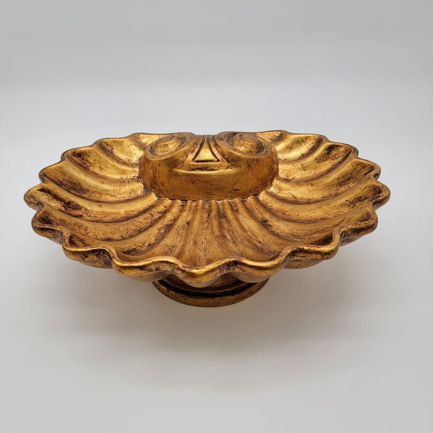 Vintage Hollywood Regency Ornate Gold Clam Shell Footed Bowl