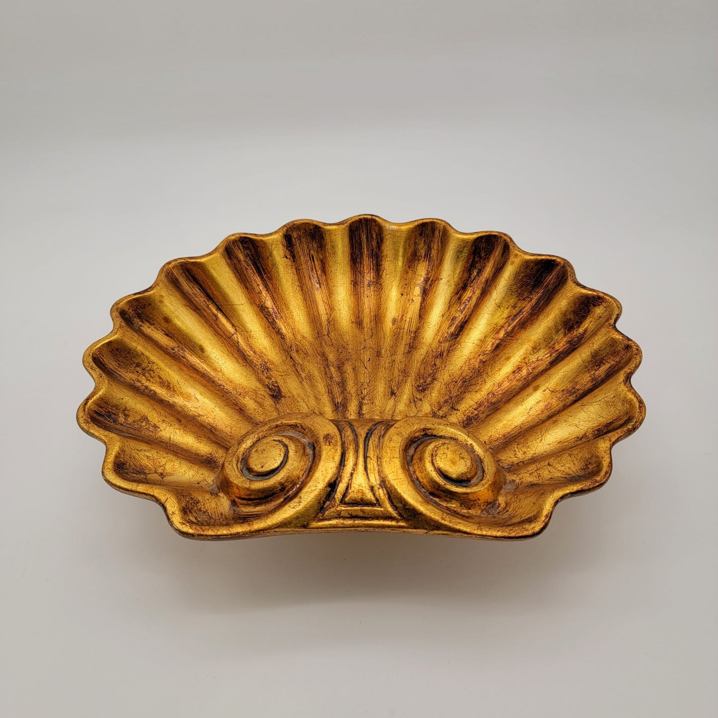 Vintage Hollywood Regency Ornate Gold Clam Shell Footed Bowl