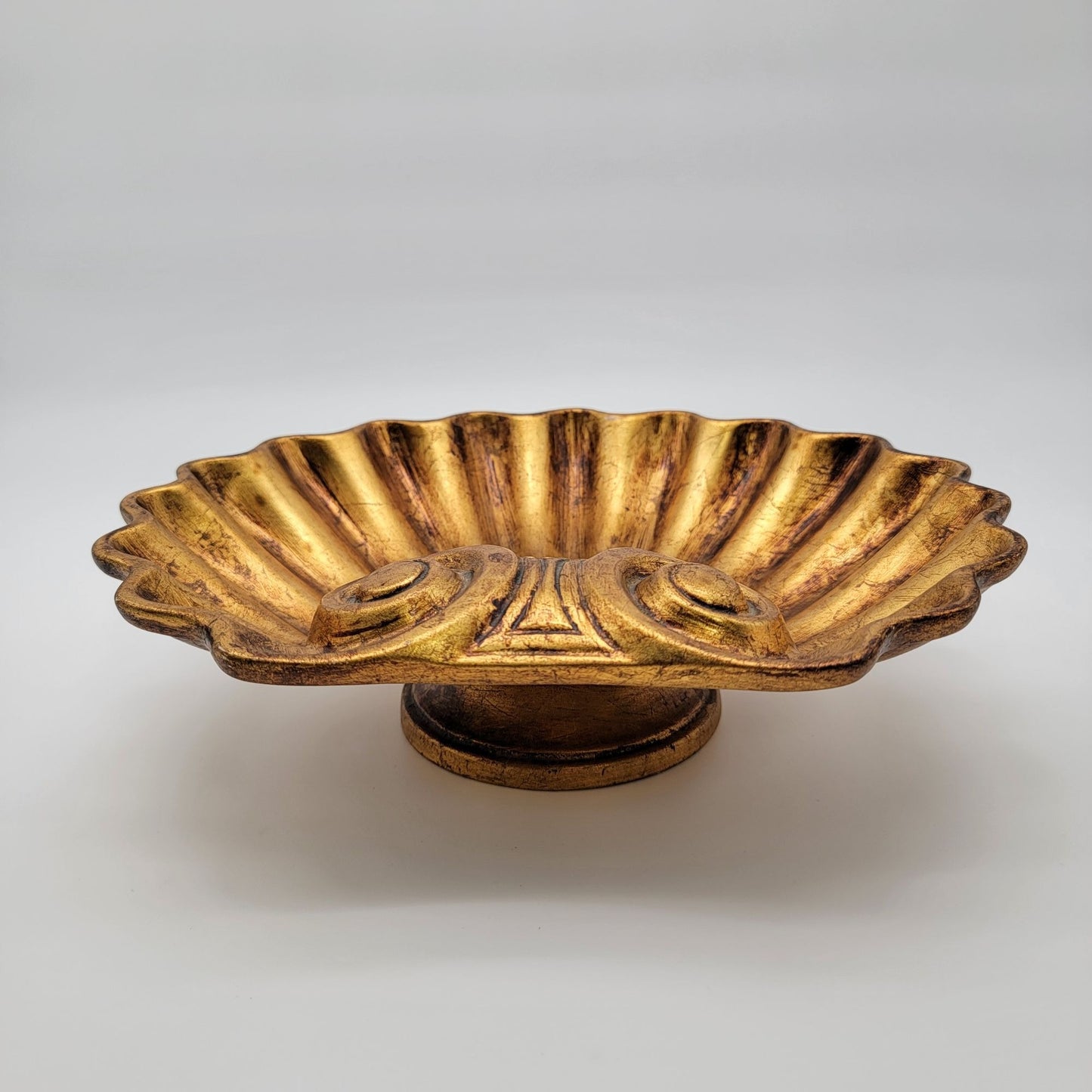 Vintage Hollywood Regency Ornate Gold Clam Shell Footed Bowl