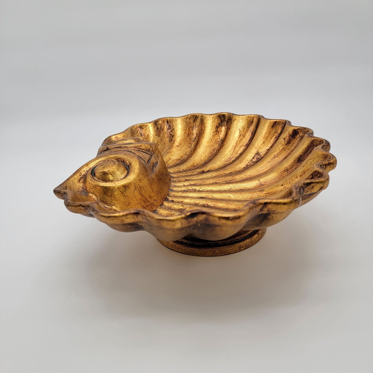 Vintage Hollywood Regency Ornate Gold Clam Shell Footed Bowl