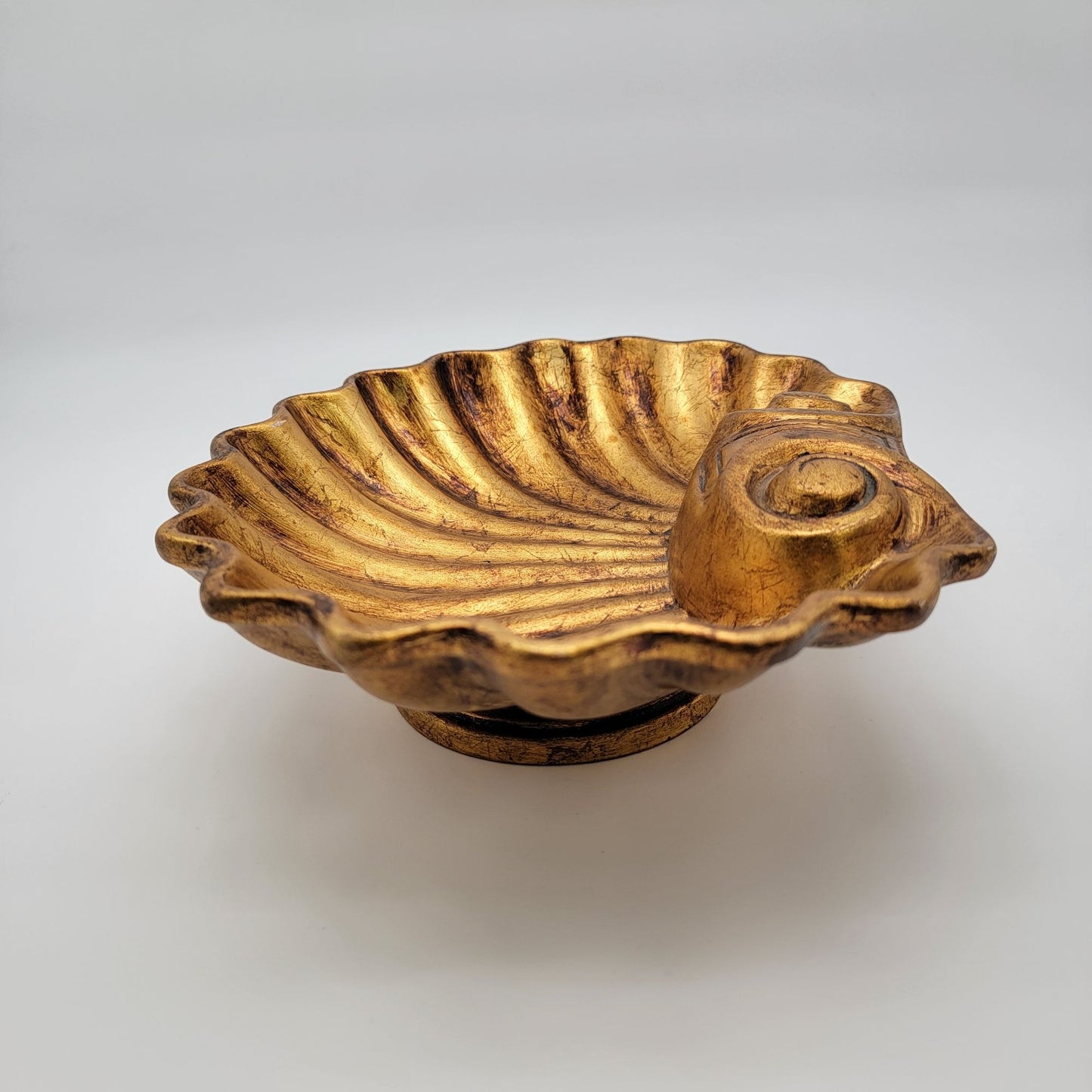 Vintage Hollywood Regency Ornate Gold Clam Shell Footed Bowl