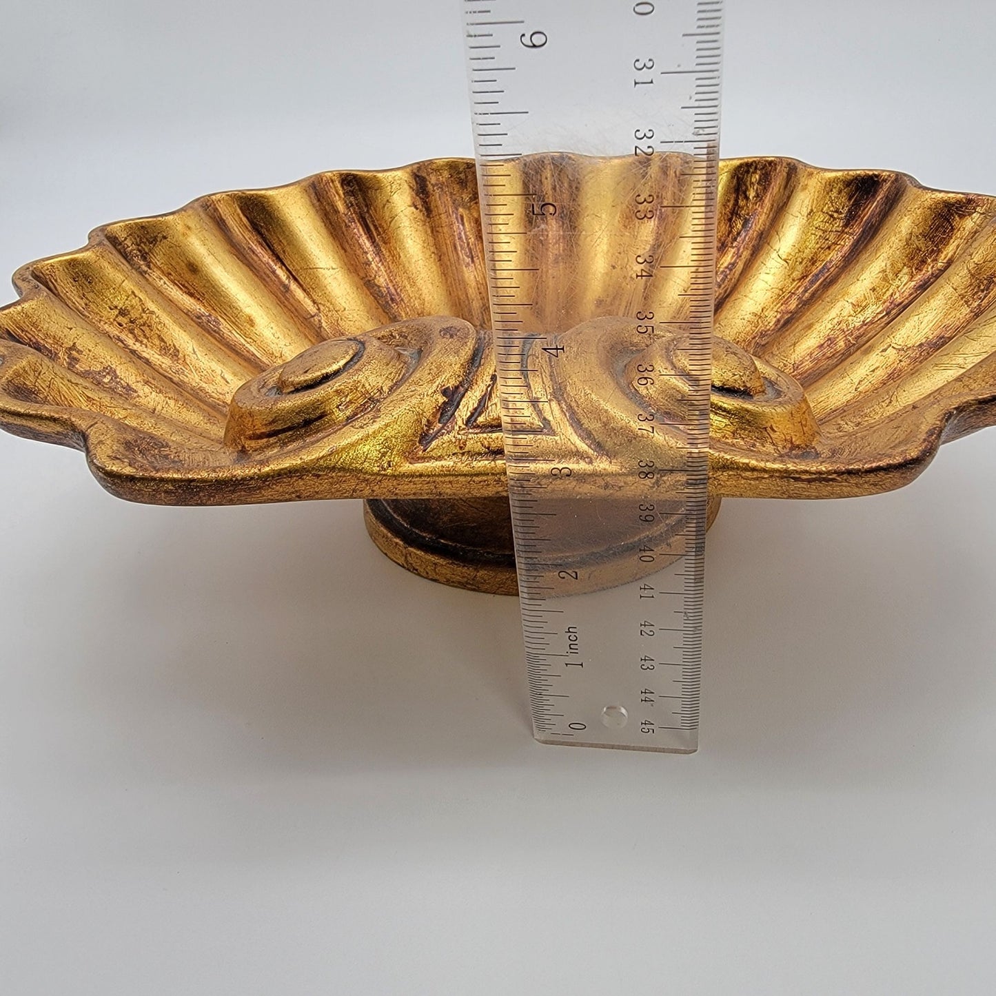 Vintage Hollywood Regency Ornate Gold Clam Shell Footed Bowl