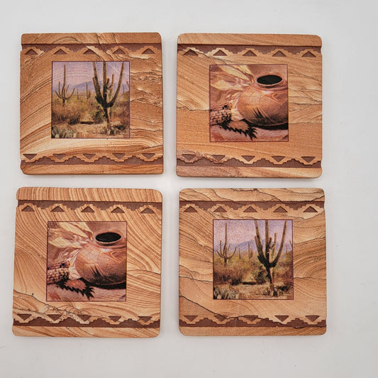 Set Of 4 Vintage Southwestern Sandstone Coasters With Cactus & Pottery Design